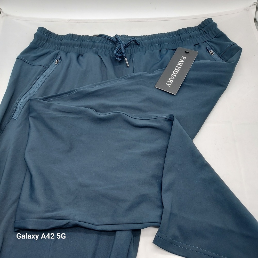 Parisdiary Mens Breathable Activewear Pants Teal Blue Drawstring Zip Pockets L